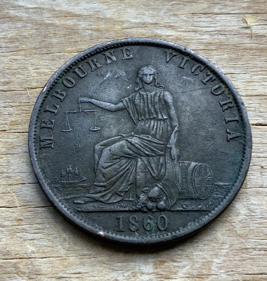 early 1860 advertising token coin for AG Hodgson, Melbourne, Australia Outfitter and Tailor C266